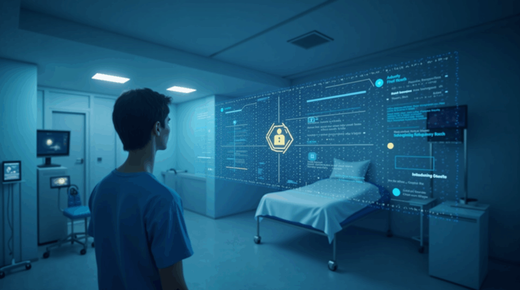 Escena hospitalaria con ecografía y hologramas de IA, red descentralizada enlaza clínicas y tokens de gobernanza