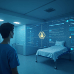 Escena hospitalaria con ecografía y hologramas de IA, red descentralizada enlaza clínicas y tokens de gobernanza