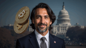 Retrato fotorrealista de Ian Calderon, candidato a gobernador de California, con Bitcoin y Capitolio de fondo.