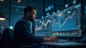 Mesa de trading realista con trader enfocado, gráfico holográfico de opciones BTC y paneles IBIT y Deribit.