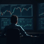 Trader en sala de noticias frente a pantallas IBIT y Bitcoin, picos rojos de puts y verdes de calls, señal bajista.