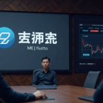 Escena de sala de juntas: Jiuzi en pantalla, tablero cripto con BTC, ETH y BNB, junto a gráfico de acciones.