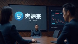Escena de sala de juntas: Jiuzi en pantalla, tablero cripto con BTC, ETH y BNB, junto a gráfico de acciones.