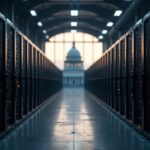 Granja de minería de Bitcoin en almacén, filas de rigs brillantes y equipo en primer plano; silueta de tribunal al fondo.