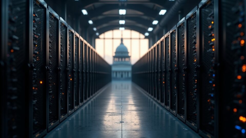 Granja de minería de Bitcoin en almacén, filas de rigs brillantes y equipo en primer plano; silueta de tribunal al fondo.