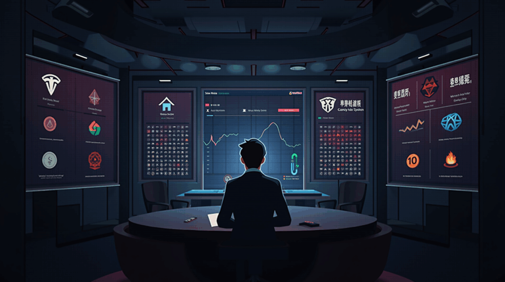 Analista en una sala de noticias; pantallas con Tesla desvaneciéndose y símbolos cripto, reflejando la liquidez de Corea.