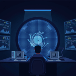 Piso de trading cripto futurista con silueta de Kraken y pantallas que muestran cuentas financiadas y gráficos en ascenso.