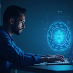 Inversor minorista diverso ante tablero holográfico de acciones tokenizadas Apple y Tesla, con logo Kraken y luz azul.