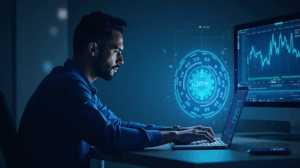 Inversor minorista diverso ante tablero holográfico de acciones tokenizadas Apple y Tesla, con logo Kraken y luz azul.
