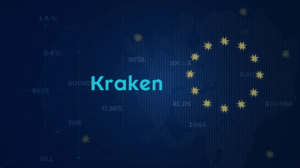 Kraken logo, tokenized stock icons, and EU flag layered over multi-chain blockchain visuals illustrating Europe on-chain equities.