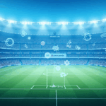 Estadio fotorealista en azules y blancos con cartel de LBank y iconos de blockchain, para patrocinio regional y educación.