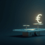 Símbolo del euro digital sobre tableta de vidrio, balanzas BCE-bancos y mapa de Europa iluminado.