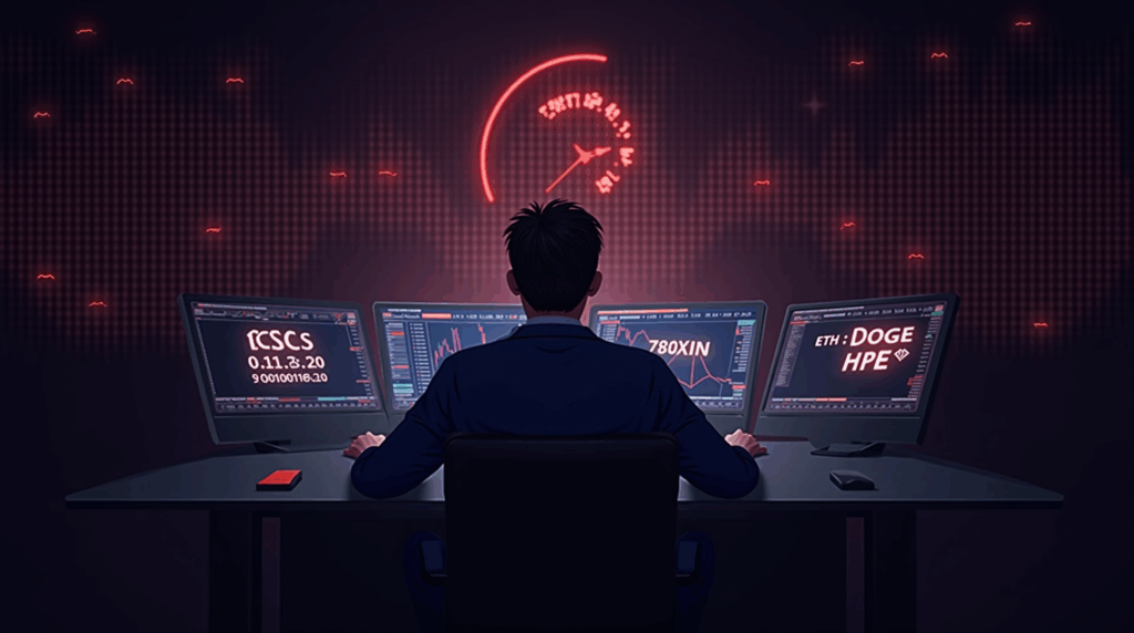 Trader cripto realista ante escritorio con pantallas holográficas de ETH, DOGE y HYPE y alertas rojas de liquidación.