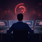 Trader cripto realista ante escritorio con pantallas holográficas de ETH, DOGE y HYPE y alertas rojas de liquidación.