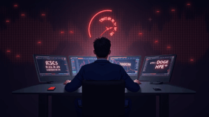 Trader cripto realista ante escritorio con pantallas holográficas de ETH, DOGE y HYPE y alertas rojas de liquidación.