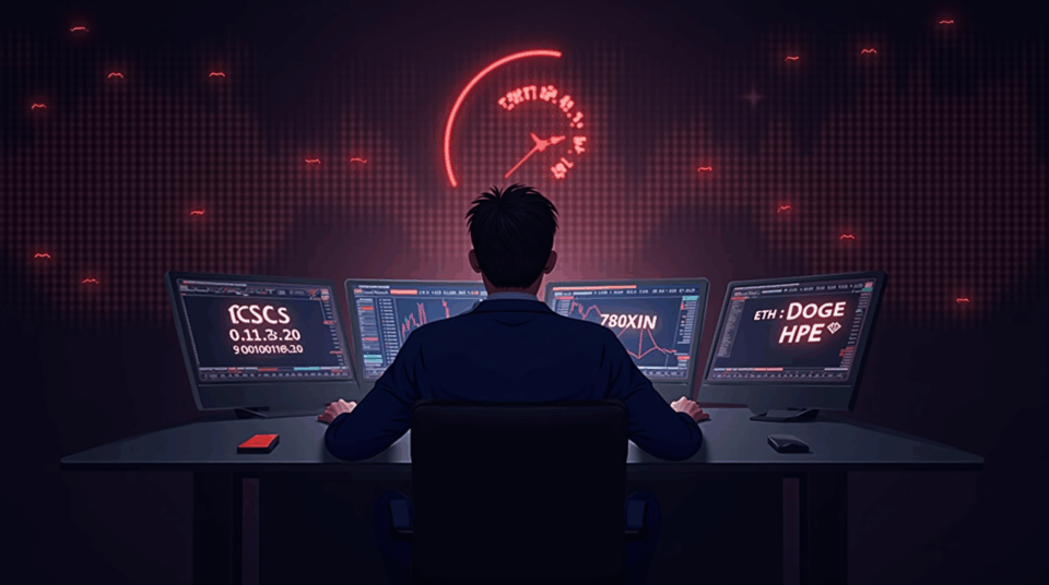 Trader cripto realista ante escritorio con pantallas holográficas de ETH, DOGE y HYPE y alertas rojas de liquidación.
