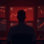 Trader observando paneles rojos con caídas de Bitcoin, Ethereum y Dogecoin, con mapas de liquidación superpuestos mostrando riesgos del mercado.