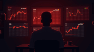Trader observando paneles rojos con caídas de Bitcoin, Ethereum y Dogecoin, con mapas de liquidación superpuestos mostrando riesgos del mercado.