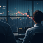 Trader fotorealista en sala de trading moderna, ticker Bitcoin y NAV al alza, LSE al fondo, staking regulado.
