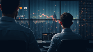 Trader fotorealista en sala de trading moderna, ticker Bitcoin y NAV al alza, LSE al fondo, staking regulado.