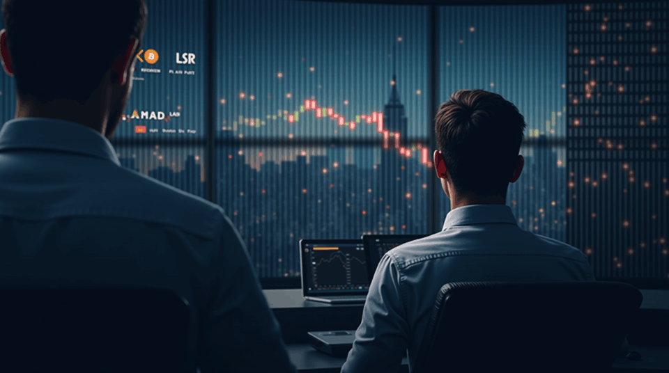 Trader fotorealista en sala de trading moderna, ticker Bitcoin y NAV al alza, LSE al fondo, staking regulado.