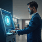 ATM de Bitcoin en un vestíbulo moderno, usuario en el teclado, escudo translúcido y iconos de cumplimiento flotando.