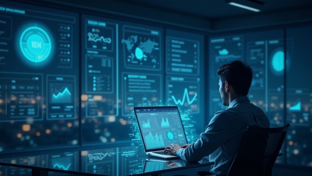 Analista institucional frente a escritorio de vidrio con dashboards holográficos de préstamos tokenizados y blockchain