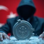 Insignia de vigilancia gubernamental ante una bóveda bancaria y billeteras cripto congeladas, con bandera turca al fondo.