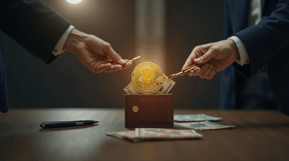 Mesa de bienes raíces en Tokio con billetera cripto y Bitcoin que se transforma en billetes de yen durante un acuerdo inmobiliario cripto.