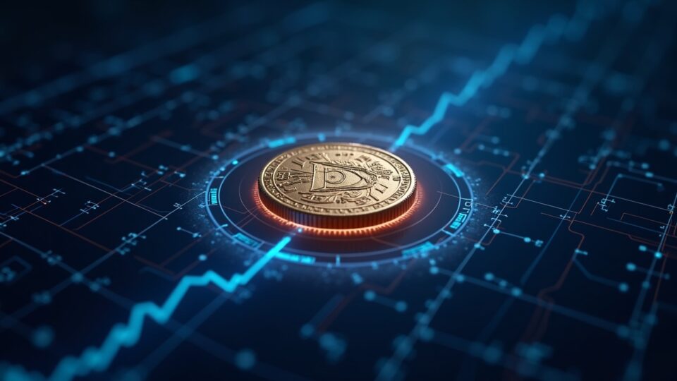 Logo de meme coin sobre interfaz de red Plasma, con 60 millones de capitalización en grid digital futurista.