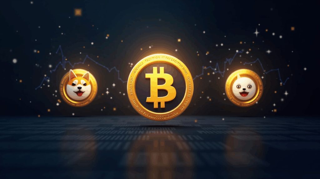 Encabezado cripto fotorrealista con tres monedas meme: Bonk, Dogecoin y Little Pepe, y gráficos on-chain.