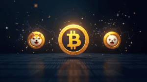 Encabezado cripto fotorrealista con tres monedas meme: Bonk, Dogecoin y Little Pepe, y gráficos on-chain.