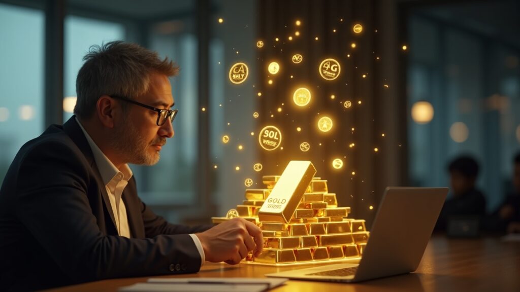 Inversionista profesional observa barras de oro que se transforman en tokens blockchain, señal de oro tokenizado y trading 24/7.