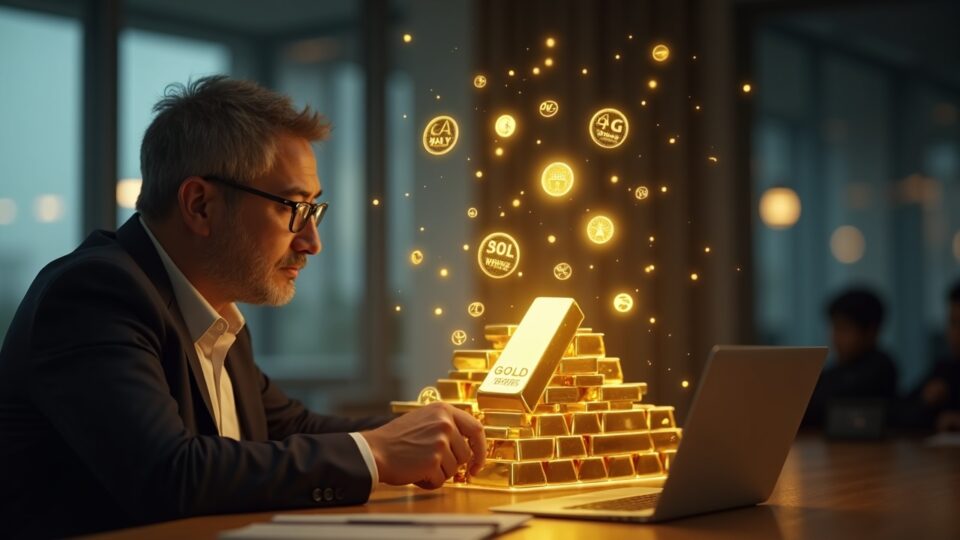 Inversionista profesional observa barras de oro que se transforman en tokens blockchain, señal de oro tokenizado y trading 24/7.