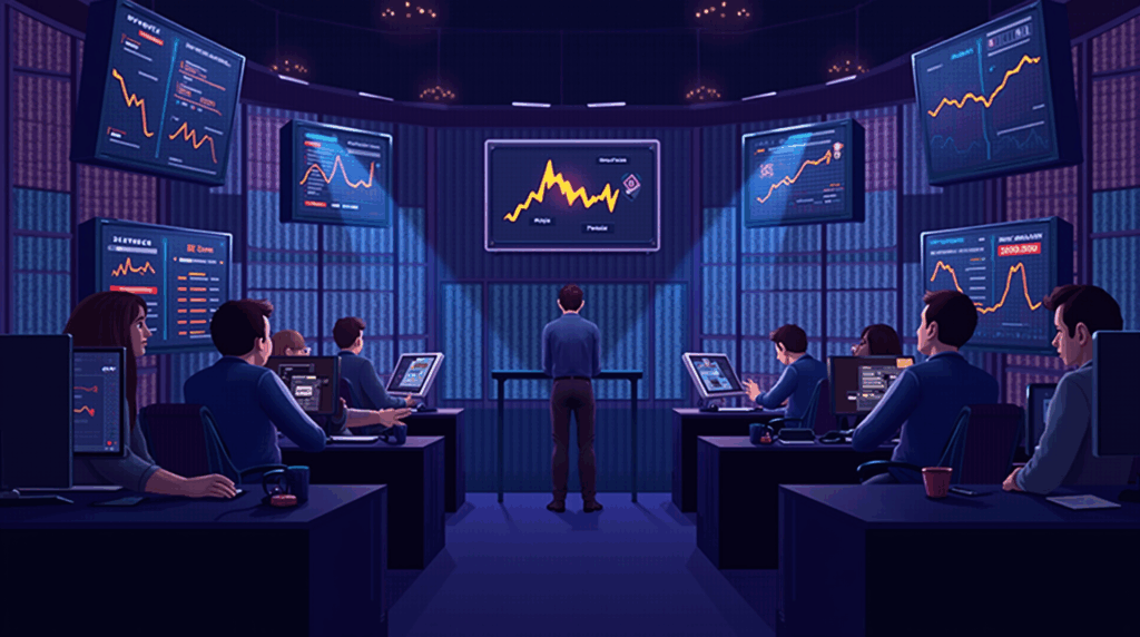 Sala cripto fotorrealista: traders en escritorios neón, pantallas con picos y un icono satírico, destacando descentralización y regulación