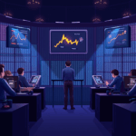 Sala cripto fotorrealista: traders en escritorios neón, pantallas con picos y un icono satírico, destacando descentralización y regulación
