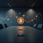 Sala de juntas moderna con pantalla de Bitcoin y gráfico ascendente, símbolos de BTC en el vidrio, tesorería institucional.