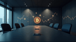 Sala de juntas moderna con pantalla de Bitcoin y gráfico ascendente, símbolos de BTC en el vidrio, tesorería institucional.