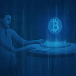 Ejecutivo corporativo ante un escritorio de vidrio, gráfico BTC holográfico y libro mayor, logo de MicroStrategy en fondo azul cripto.