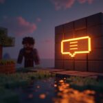 Escena de Minecraft con ventana de chat de IA luminosa en un mundo voxel; silueta de programador al fondo.