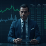 Banquero con traje frente a una mesa de trading moderna, con tickers holográficos de BTC, ETH y SOL y elementos de custodia digital.