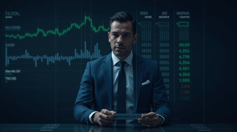 Banquero con traje frente a una mesa de trading moderna, con tickers holográficos de BTC, ETH y SOL y elementos de custodia digital.