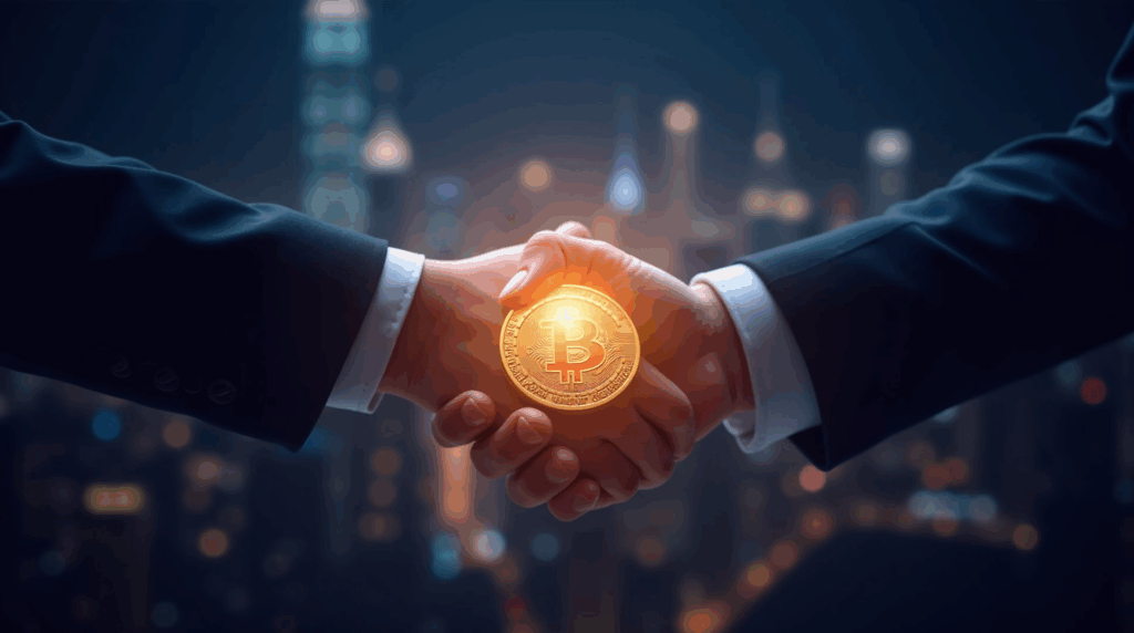 Apretón de manos entre Naver Financial y Upbit; logotipos fusionados y una stablecoin won brillante en primer plano