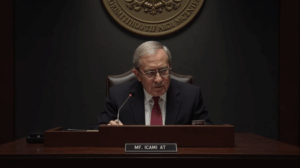 Economista del Fed en podio con sello de la Fed, ante pantallas y tickers durante FOMC.