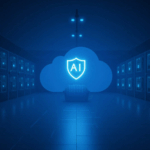 Centro de datos en Reino Unido con GPUs NVIDIA, resplandor azul y escudo sobre nube, IA soberana