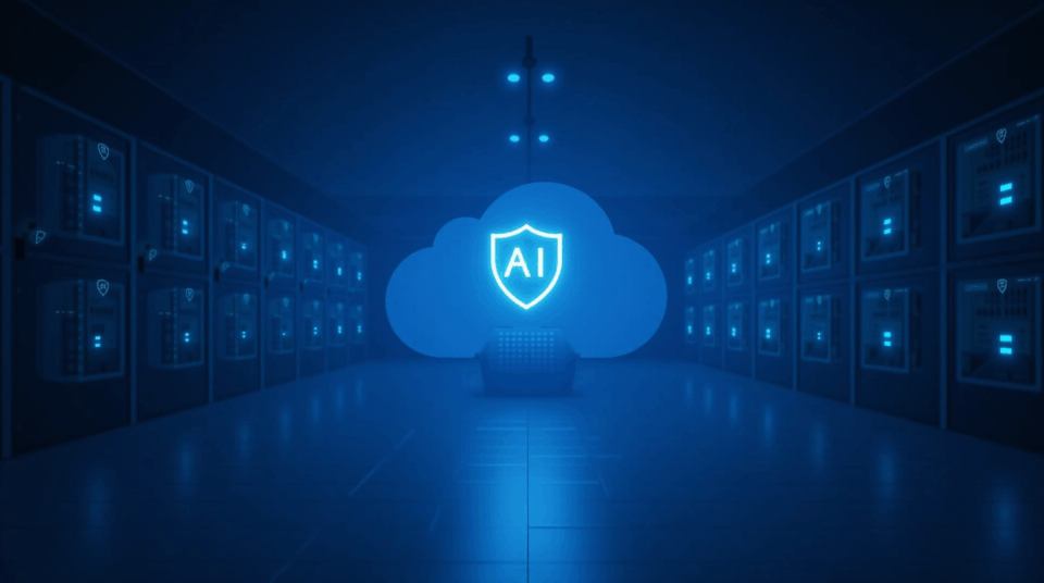 Centro de datos en Reino Unido con GPUs NVIDIA, resplandor azul y escudo sobre nube, IA soberana