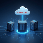 Escena fotorrealista con el logo de Oracle sobre un centro de datos en la nube brillante, flujos de IA y equipos de minería de criptomonedas en primer plano.