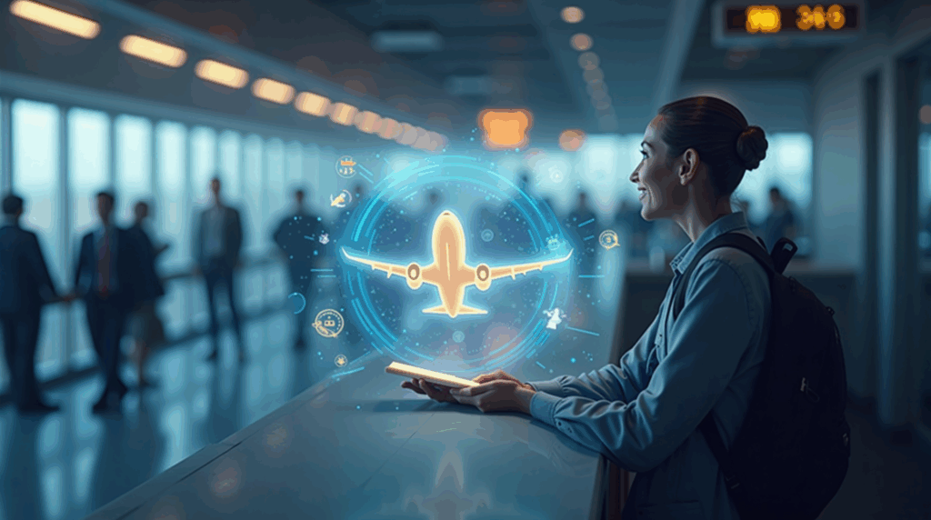 Viajero paga aerolínea con cripto en mostrador, rodeado de tokens holográficos; fondo con viajes y retail.