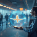 Viajero paga aerolínea con cripto en mostrador, rodeado de tokens holográficos; fondo con viajes y retail.