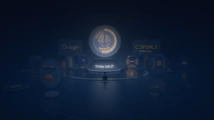 Logos de Google y Coinbase conectados por una moneda USDC que brilla, sobre un panel de pagos de IA